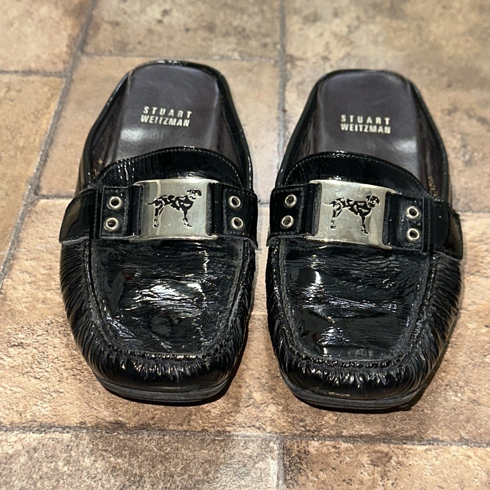 Stuart Weitzman Black Patent Leather Loafer Mules with Silver Dog Buckle